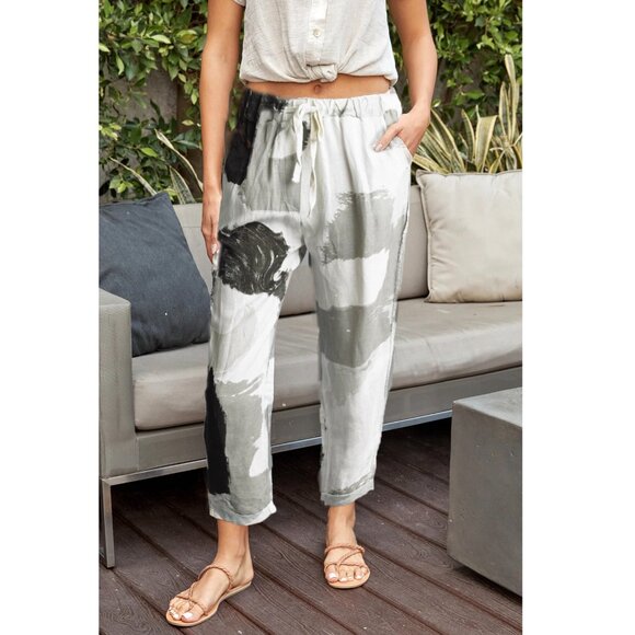 Tempo Paris Pants - Tempo Paris Flora Silver Brush Stroke Linen Wide Leg Pull-On Pants Medium